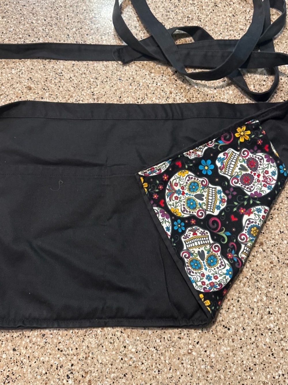 Reversible Black Half Apron with Colorful Sugar Skull Pocket